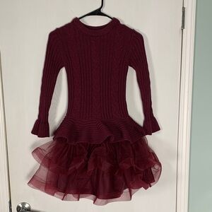 Bonnie Jean Burgundy Knit Dress with Tulle Overlay Size 14